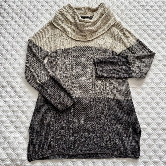 JEANNE PIERRE Tops - JEANNE PIERRE Beige Gray Black Stripe Cotton Cable Knit Cowl Tunic Sweater Sz M